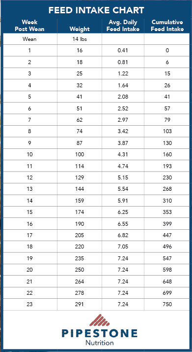 This pig feed intake chart helps predict feed usage by week.