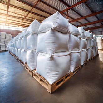 Pallets of amino acids for pig feed sit inside a warehouse.