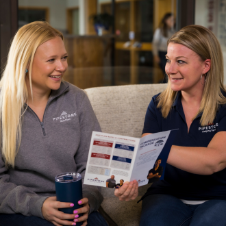 Two employees sitting and discussing benefits flyer.