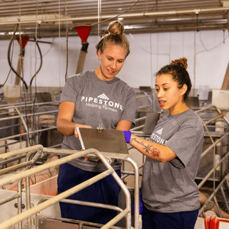 Two women stand in a swine barn farrowing room pointing at a clipboard.