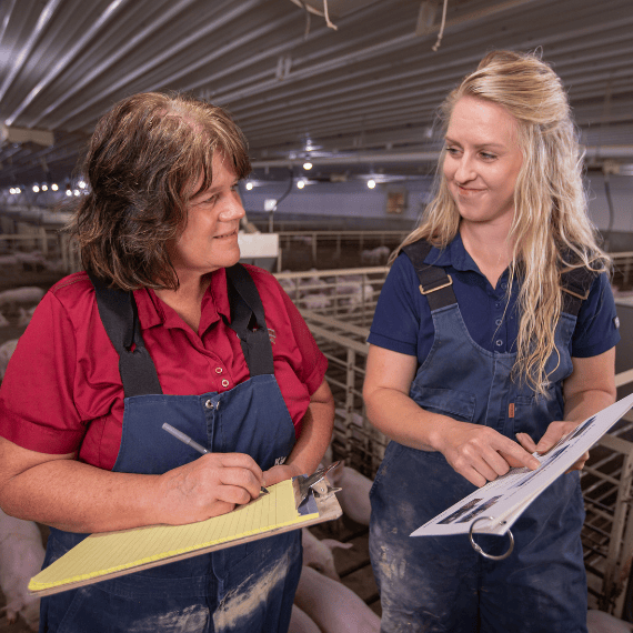 A pipestone FarmPro worker talks over recommendations in a barn pen while the farmer takes notes.
