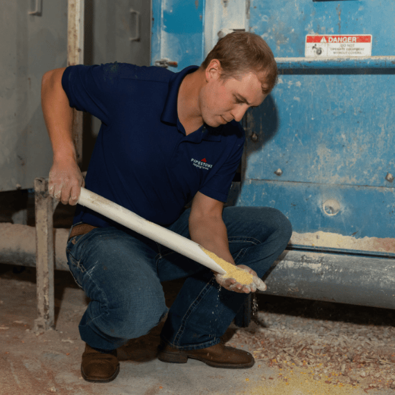 A feed mill team member reviews a feed sample.