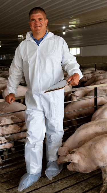 A pig veterinarian stands in coveralls inside of a barn with a clipboard.