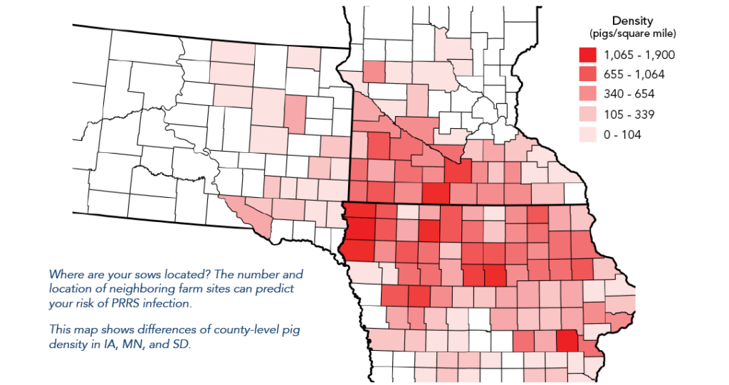 Density map of pigs per square mile in upper midwest.