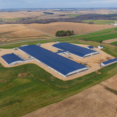 A modern sow farm facility is shown from an aerial view.