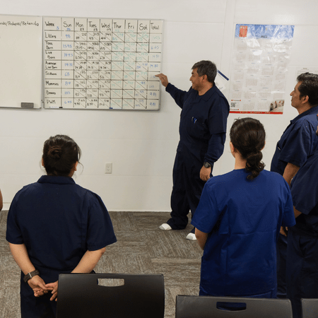 A sow farm manager reviews their farm's metrics on a whiteboard with his sow farm technicians and leads.